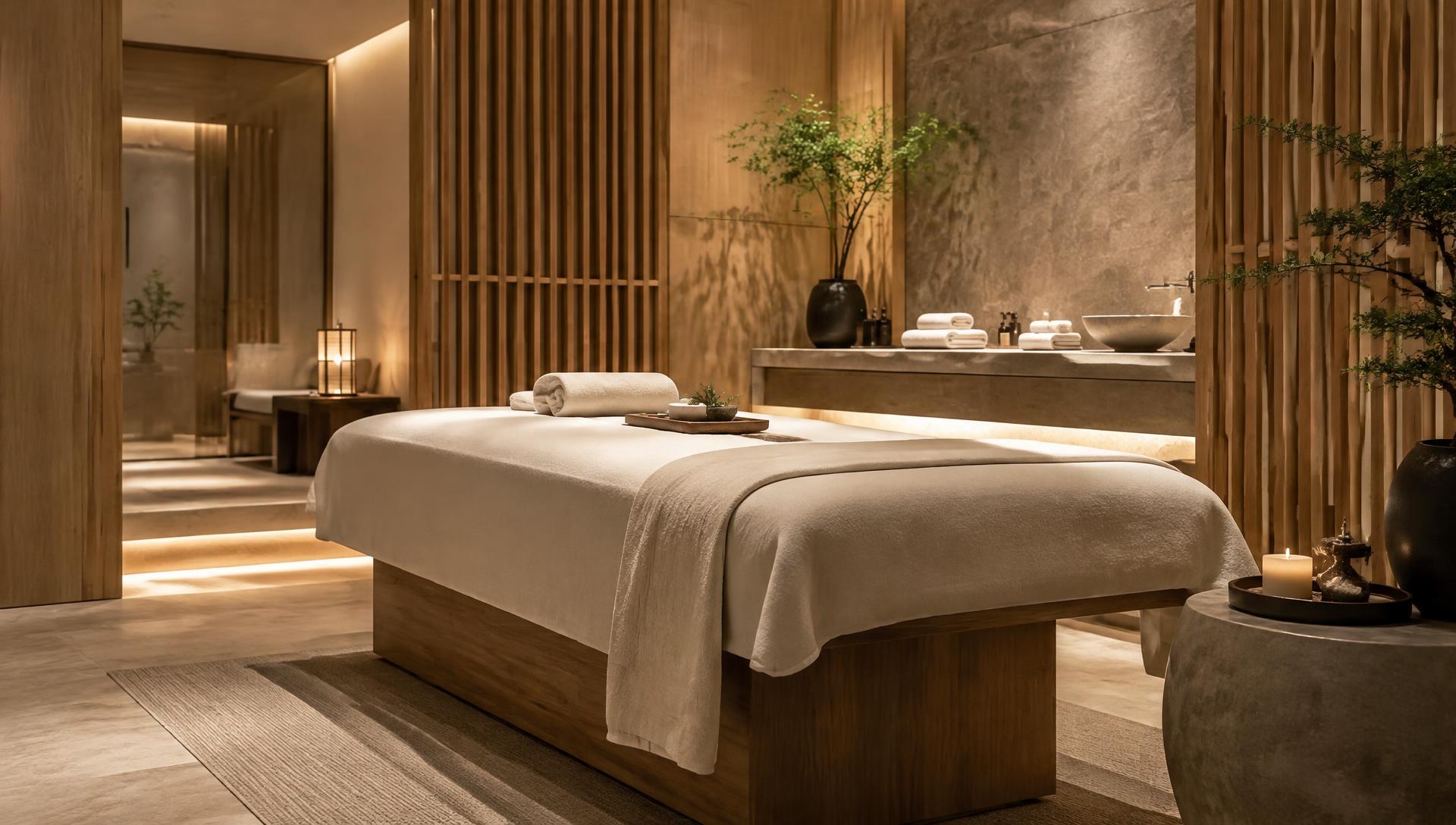 Serene modern Asian-style spa treatment room with a massage bed, warm lighting and wood details
