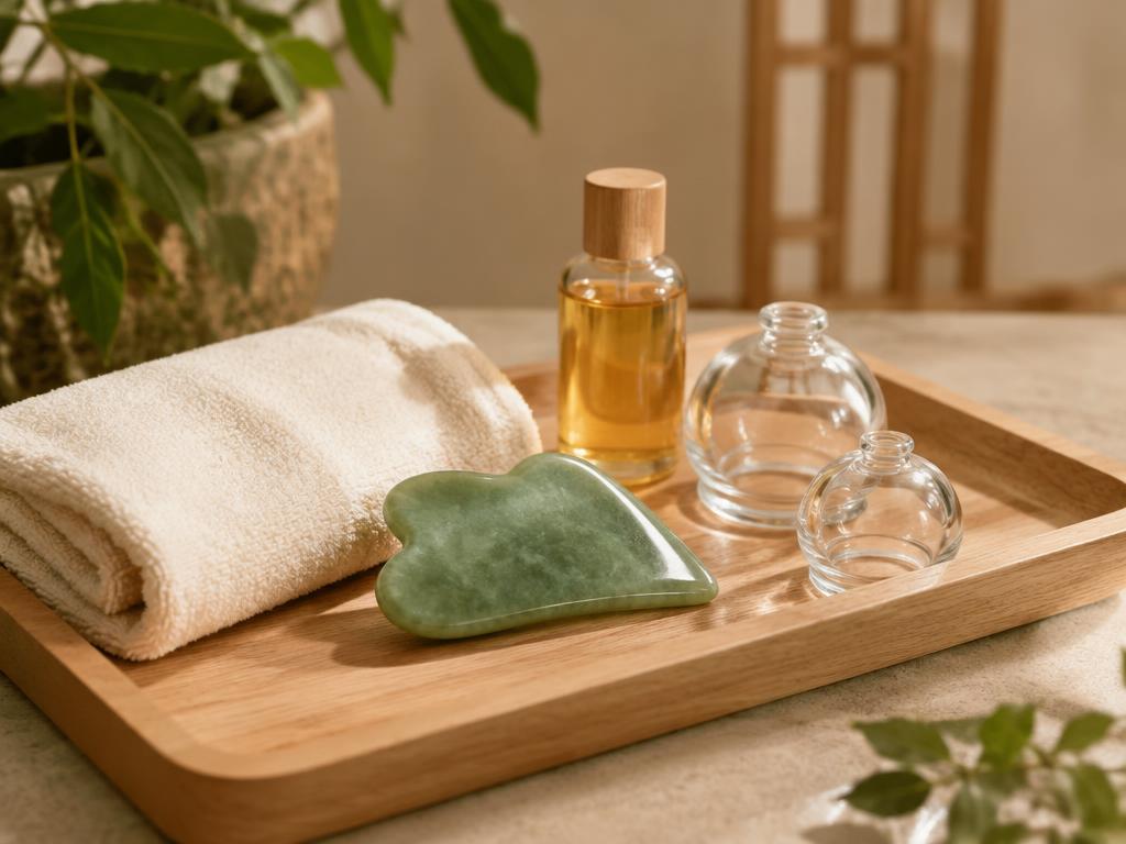 Jade gua sha stone, glass cups and oil on a wooden spa tray